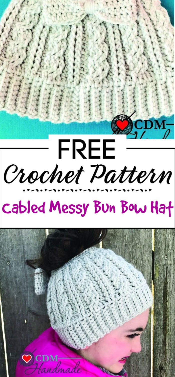 5. Cabled Messy Bun Bow Hat A Free Crochet Pattern