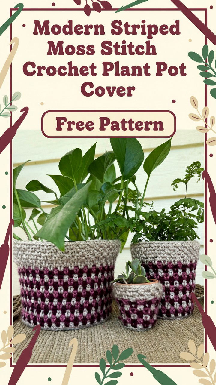 Modern Striped Moss Stitch Crochet Plant Pot Cover