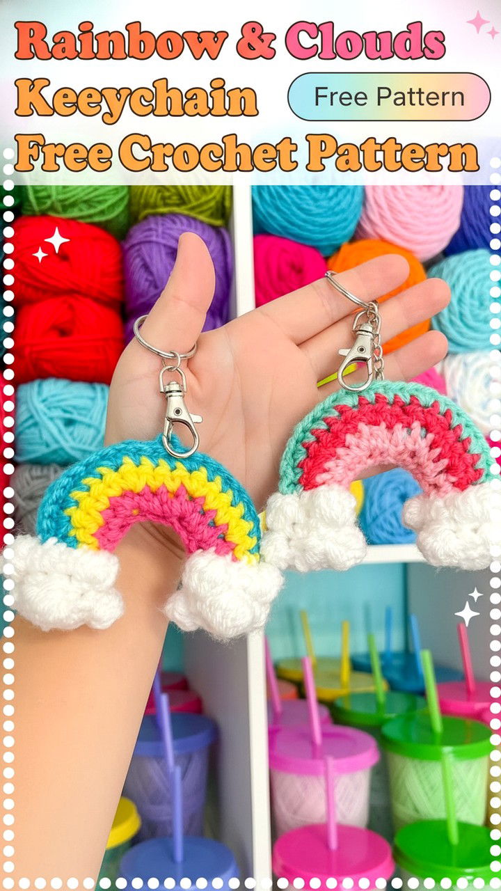 Cheerful Bobble Cloud Rainbow Keychain Free Pattern