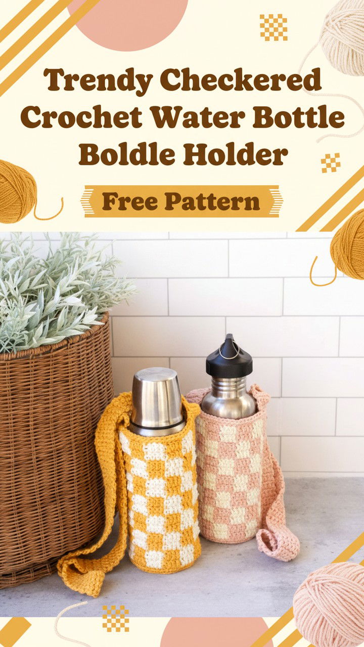 Trendy Checkered Crochet Water Bottle Holder