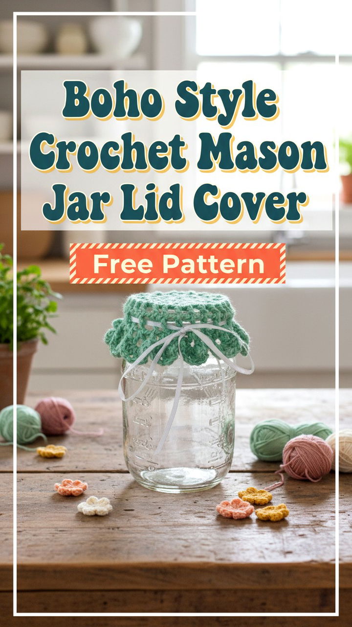 Boho Style Crochet Mason Jar Lid Cover