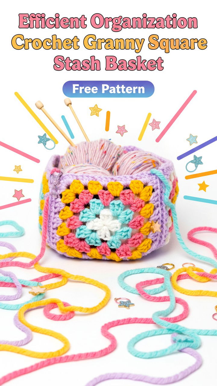 Efficient Organization Crochet Granny Square Stash Basket Free Pattern
