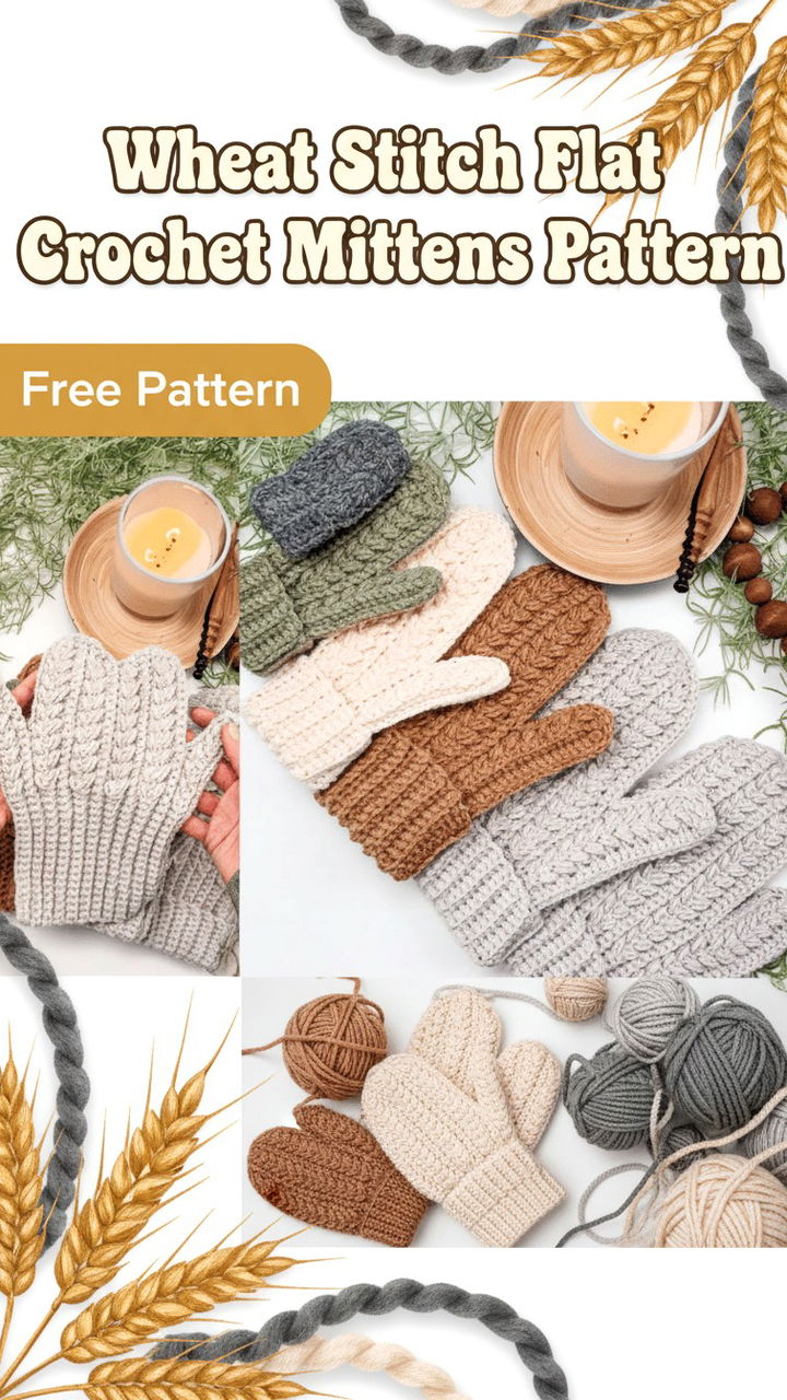 Wheat Stitch Flat Crochet Mittens Pattern