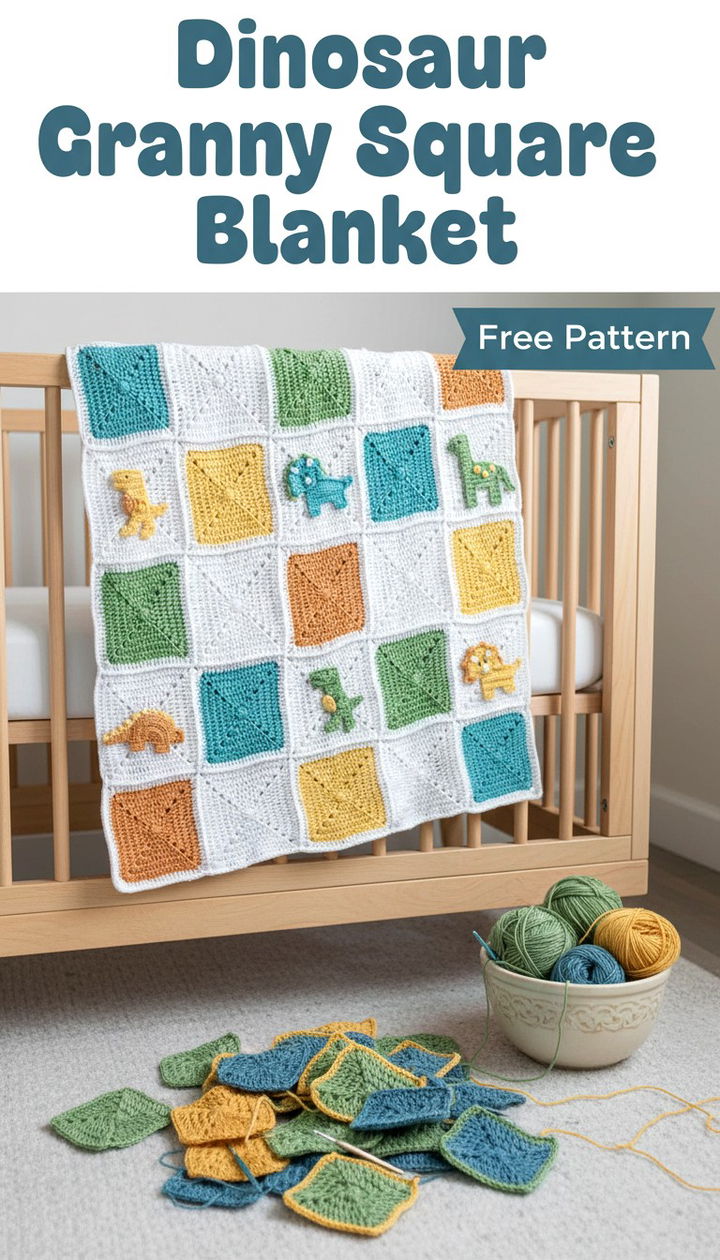 Retro Jurassic Free Crochet Dinosaur Granny Square Blanket Pattern