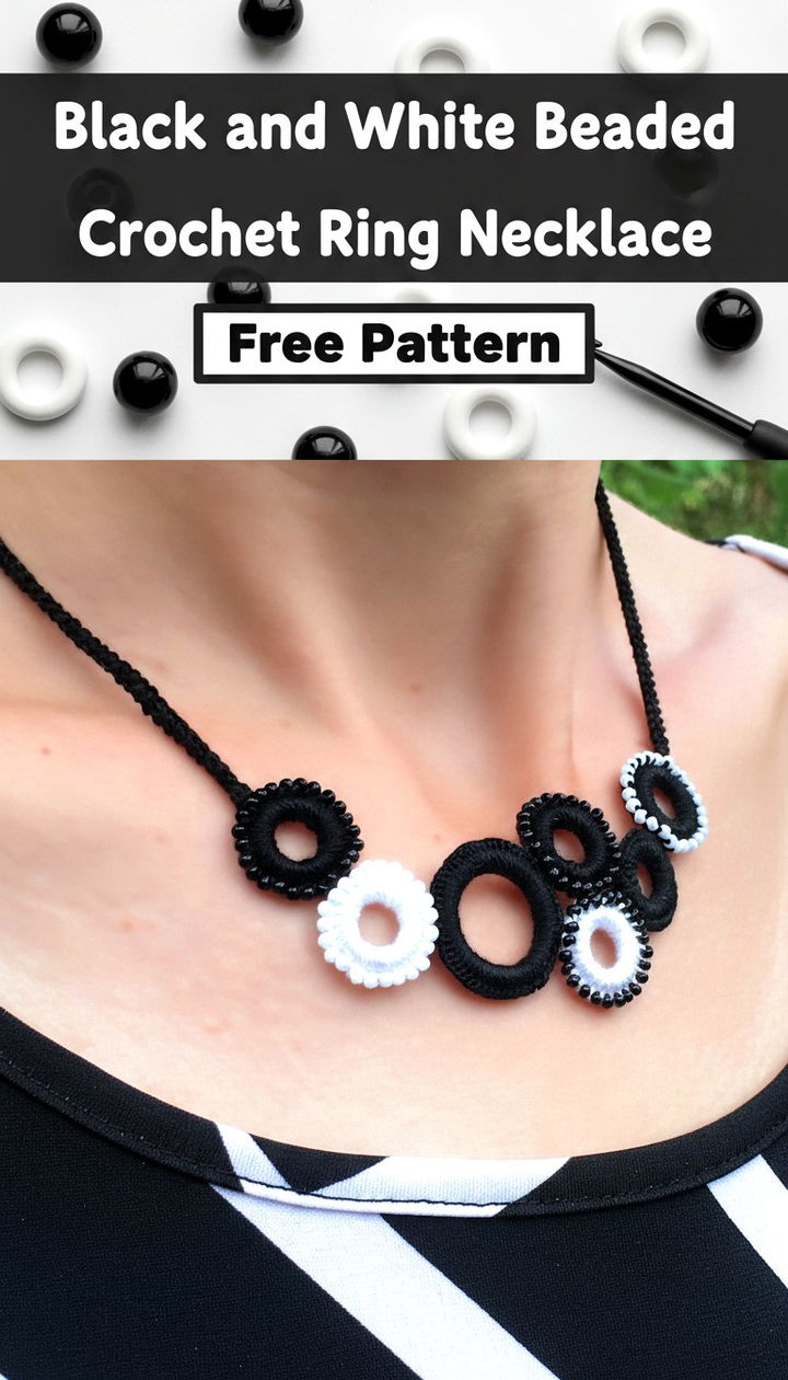 Monochrome Elegance with the Black and White Beaded Crochet Ring Necklace
