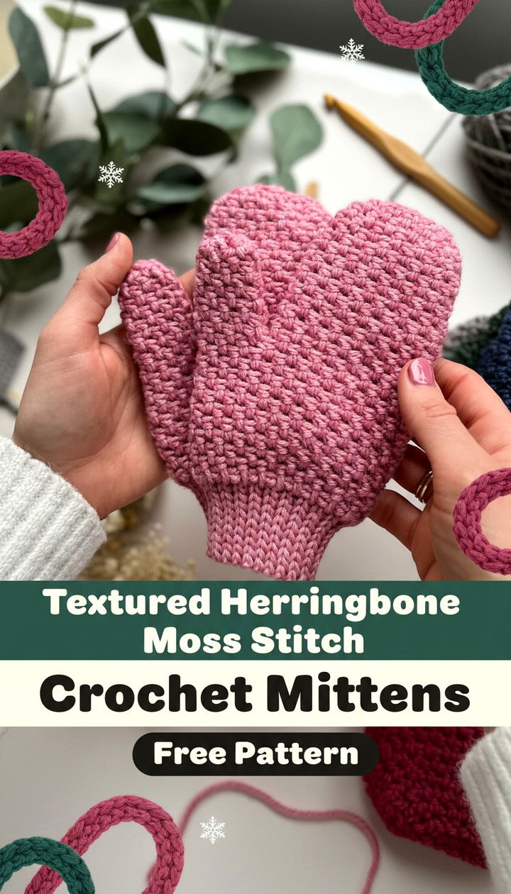 Stunning Textured Herringbone Moss Stitch Crochet Mittens Pattern