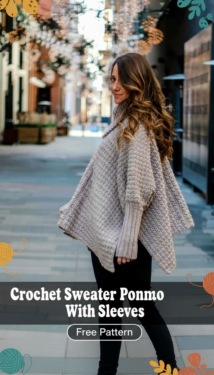Stylish Crochet Sweater Poncho With Sleeves Free Pattern