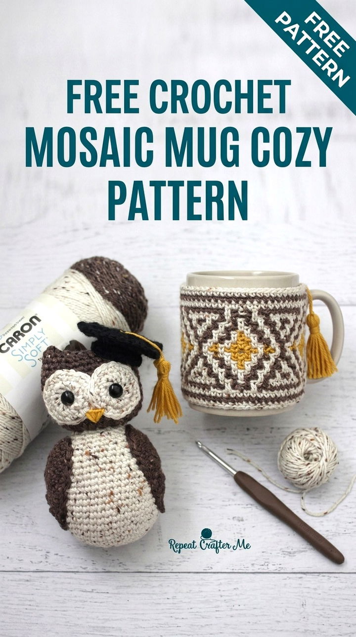 Free Crochet Mosaic Mug Cozy Pattern Modern Groovy Kitchen Decor