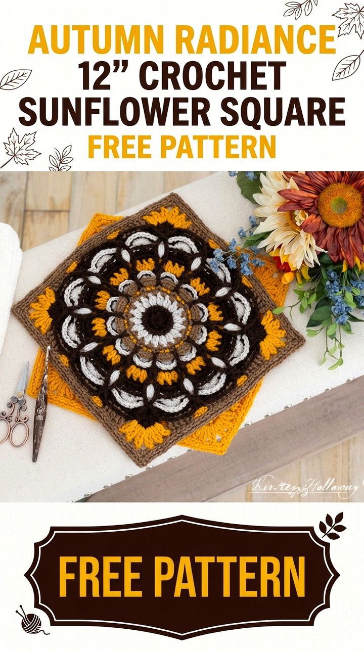 Autumn Radiance 12″ Crochet Sunflower Square Free Pattern