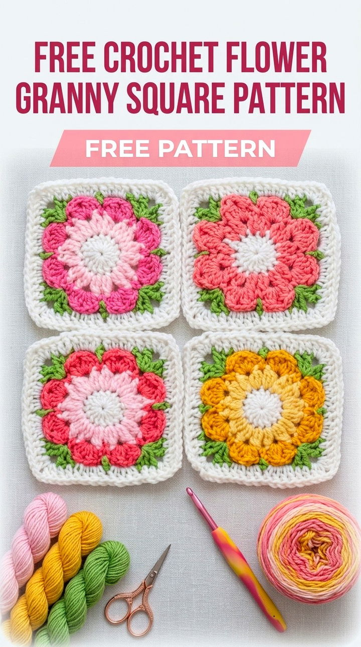 Free Crochet Flower Granny Square Pattern Modern Retro Floral Style