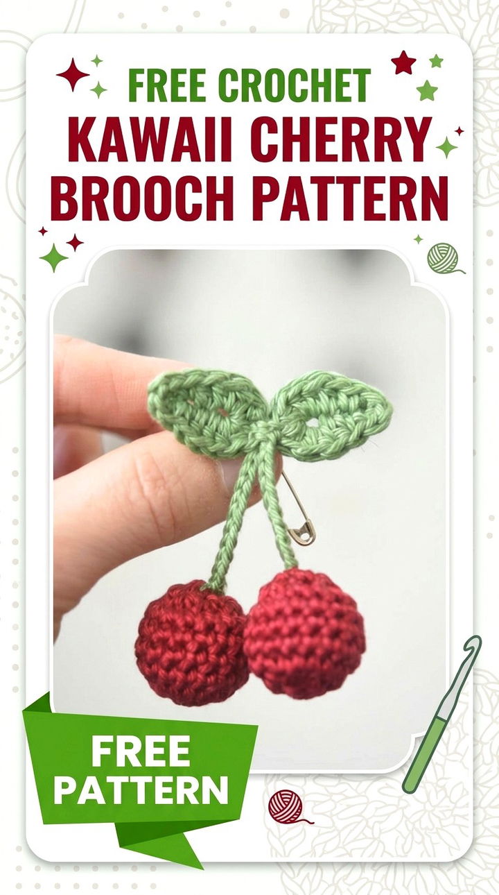 Free Crochet Kawaii Cherry Brooch Pattern