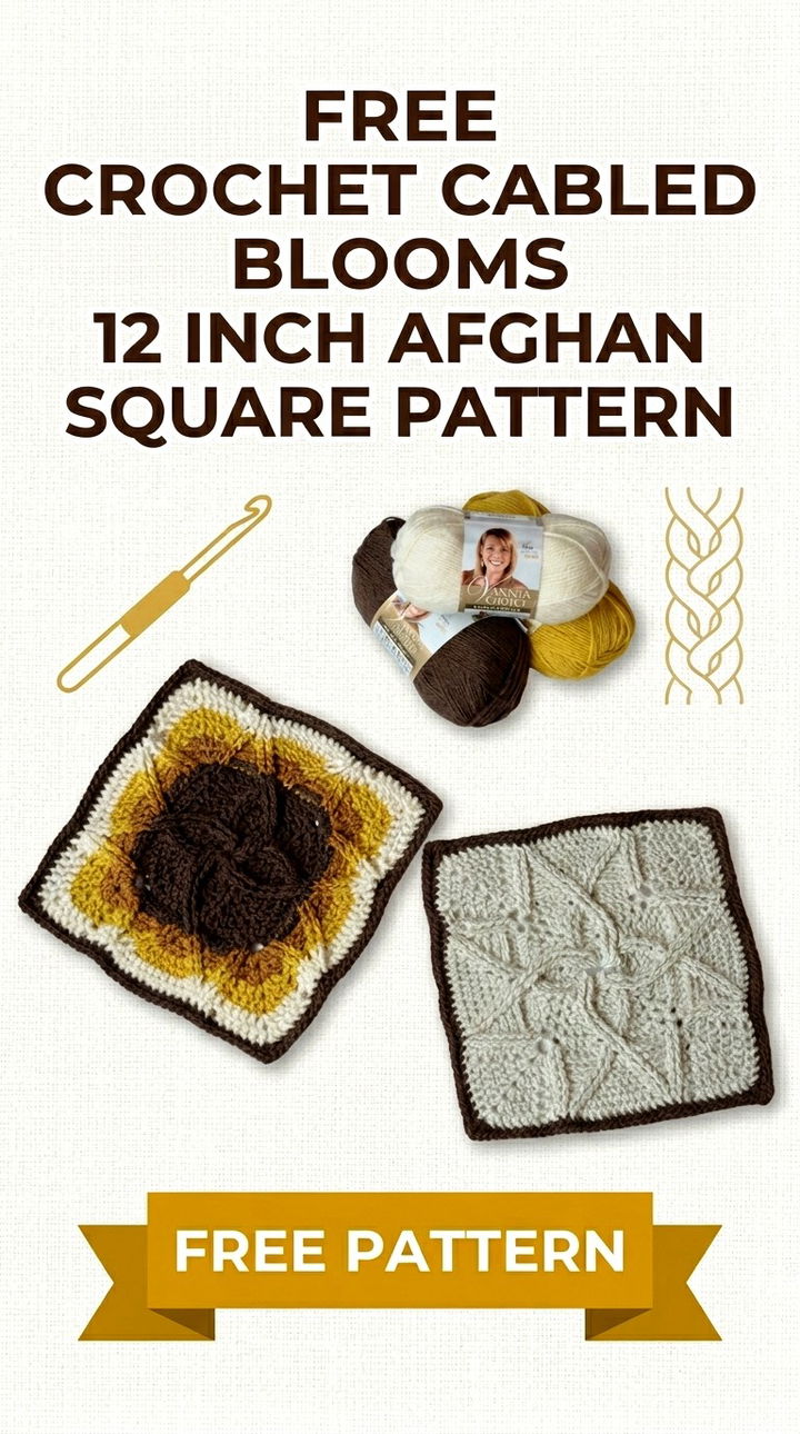 Free Crochet Cabled Blooms 12 Inch Afghan Square Pattern Modern Floral Elegance