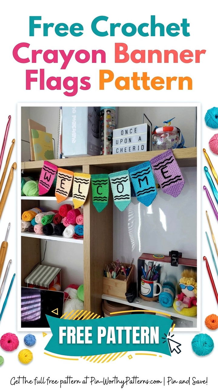 Free Crochet Crayon Banner Flags Pattern Modern Groovy Classroom Decor