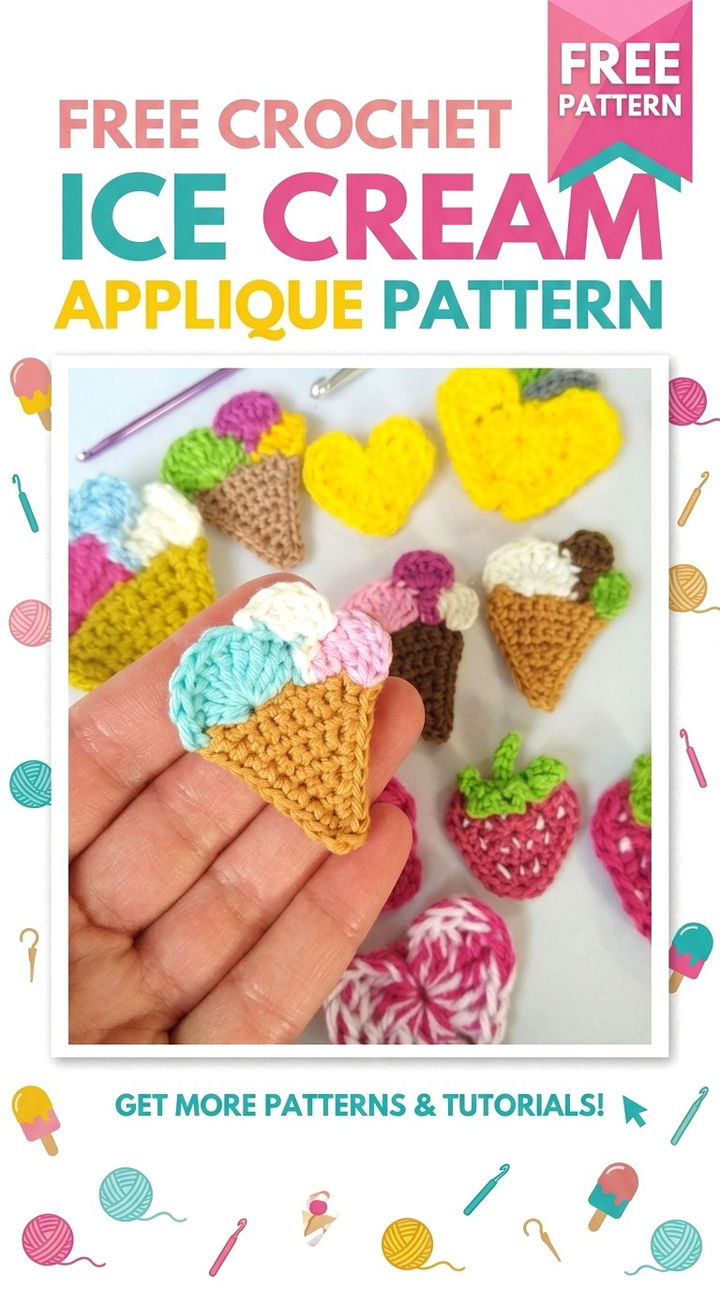 Free Crochet Ice Cream Applique Pattern Modern Retro Boho Style