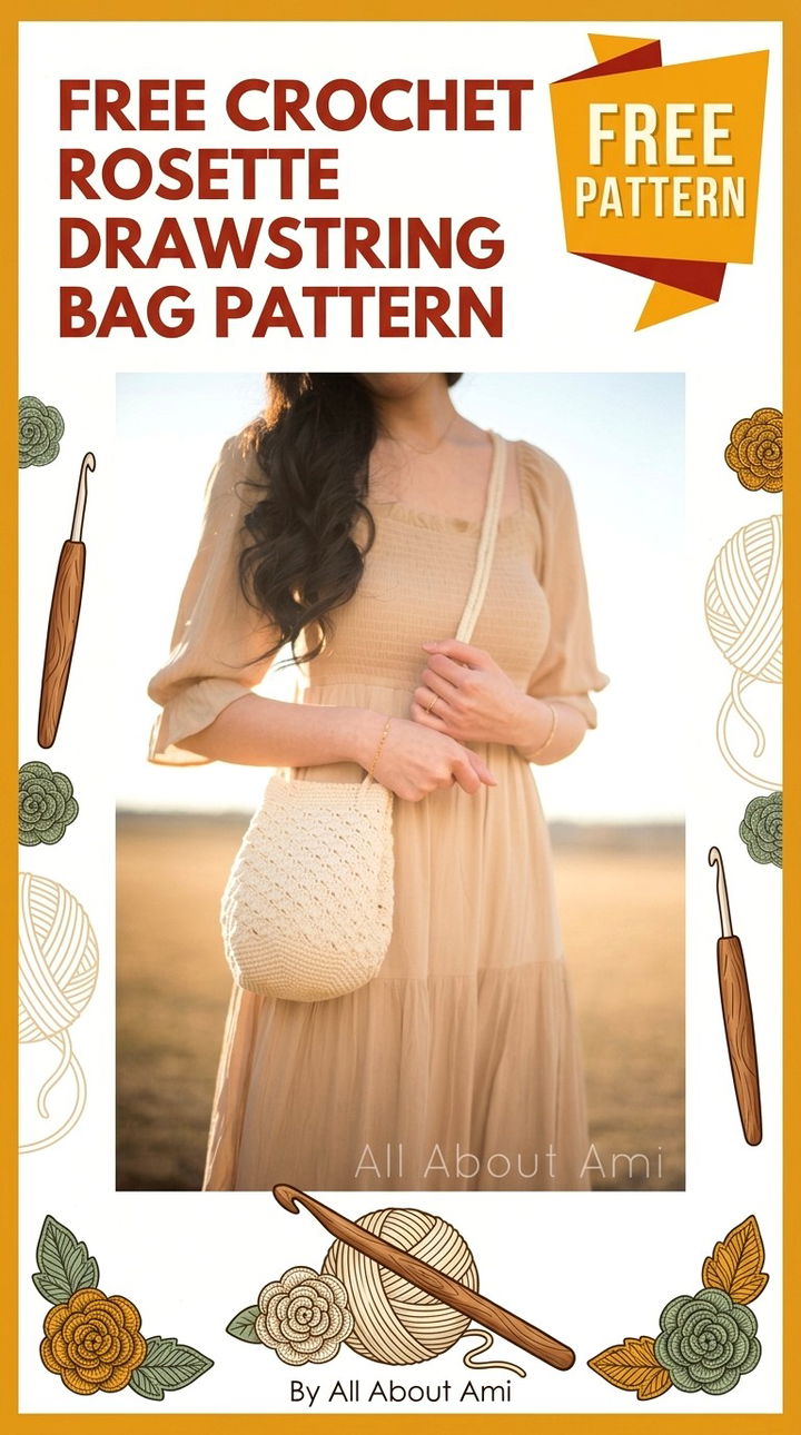 Free Crochet Rosette Drawstring Bag Pattern Whimsical Boho Chic Accessory