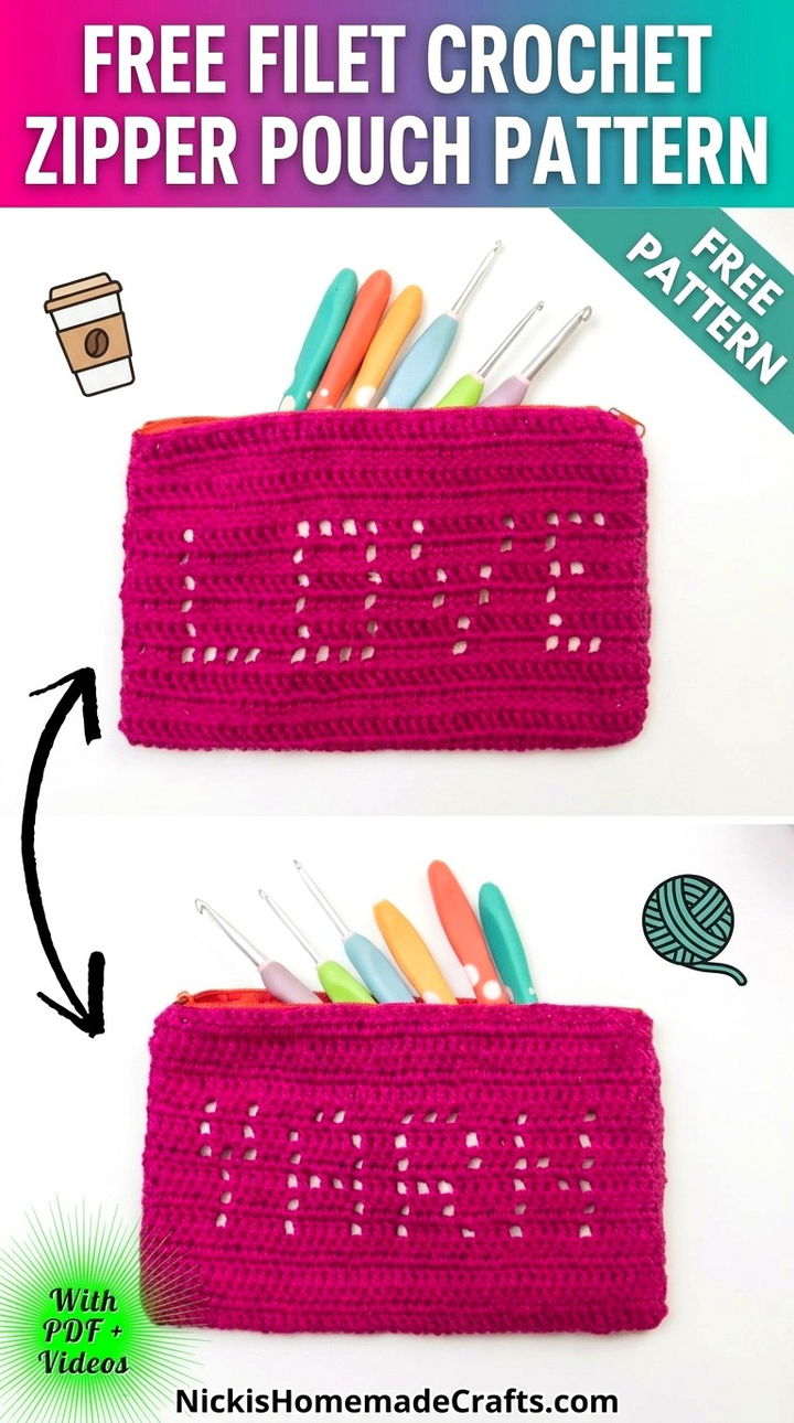 Free Filet Crochet Zipper Pouch Pattern Modern Groovy Accessory Style