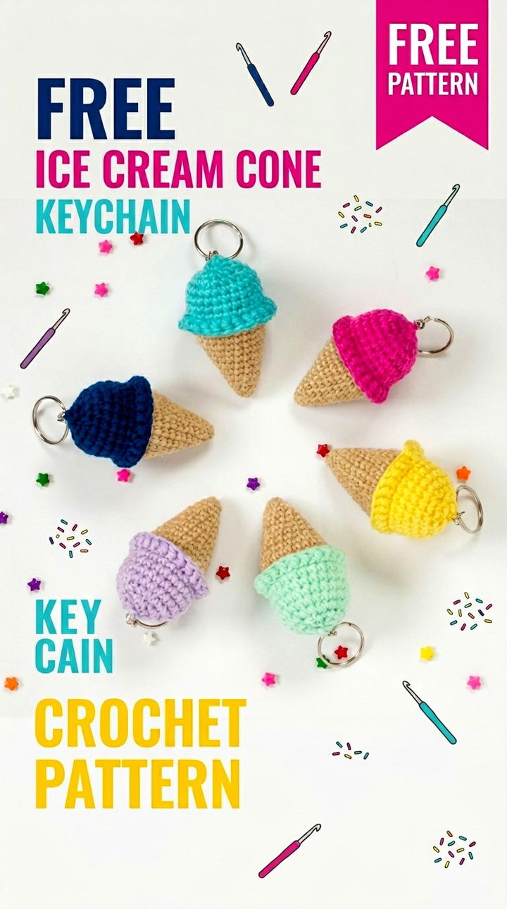 Free Ice Cream Cone Keychain Crochet Pattern Modern Retro Boho Style