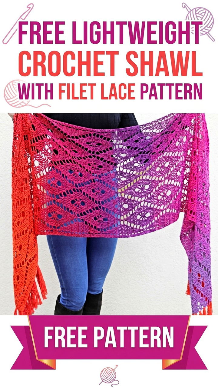 Free Lightweight Crochet Shawl with Filet Lace Pattern