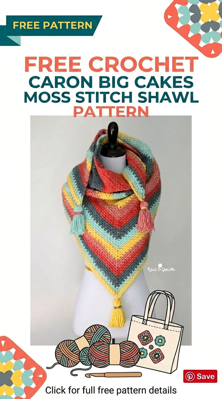 Free Crochet Caron Big Cakes Moss Stitch Shawl Pattern Modern Groovy Wrap Style
