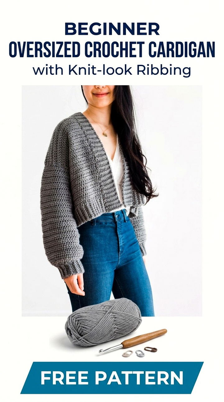 Modern Oversized Crochet Cardigan with Knit Look Ribbing