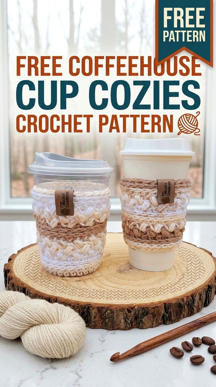 Free Coffeehouse Cup Cozies Crochet Pattern Modern Groovy Cafe Style