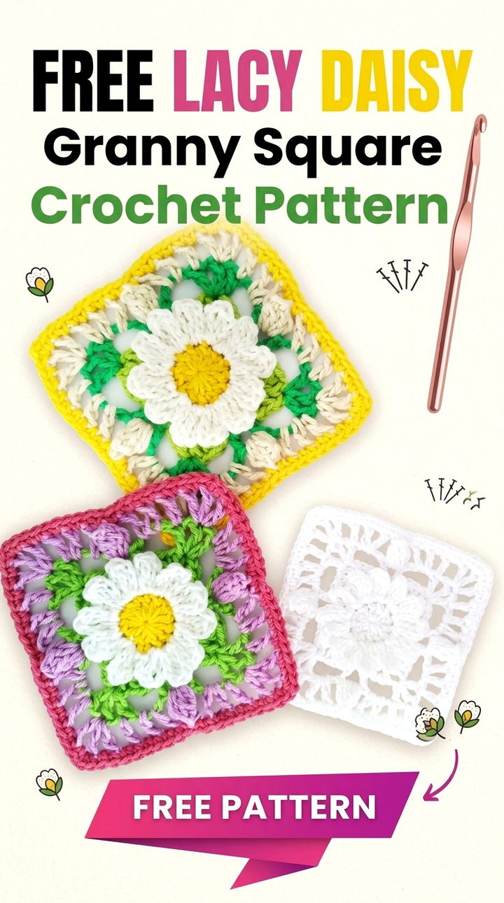 Free Lacy Daisy Granny Square Crochet Pattern Modern Retro Floral Style