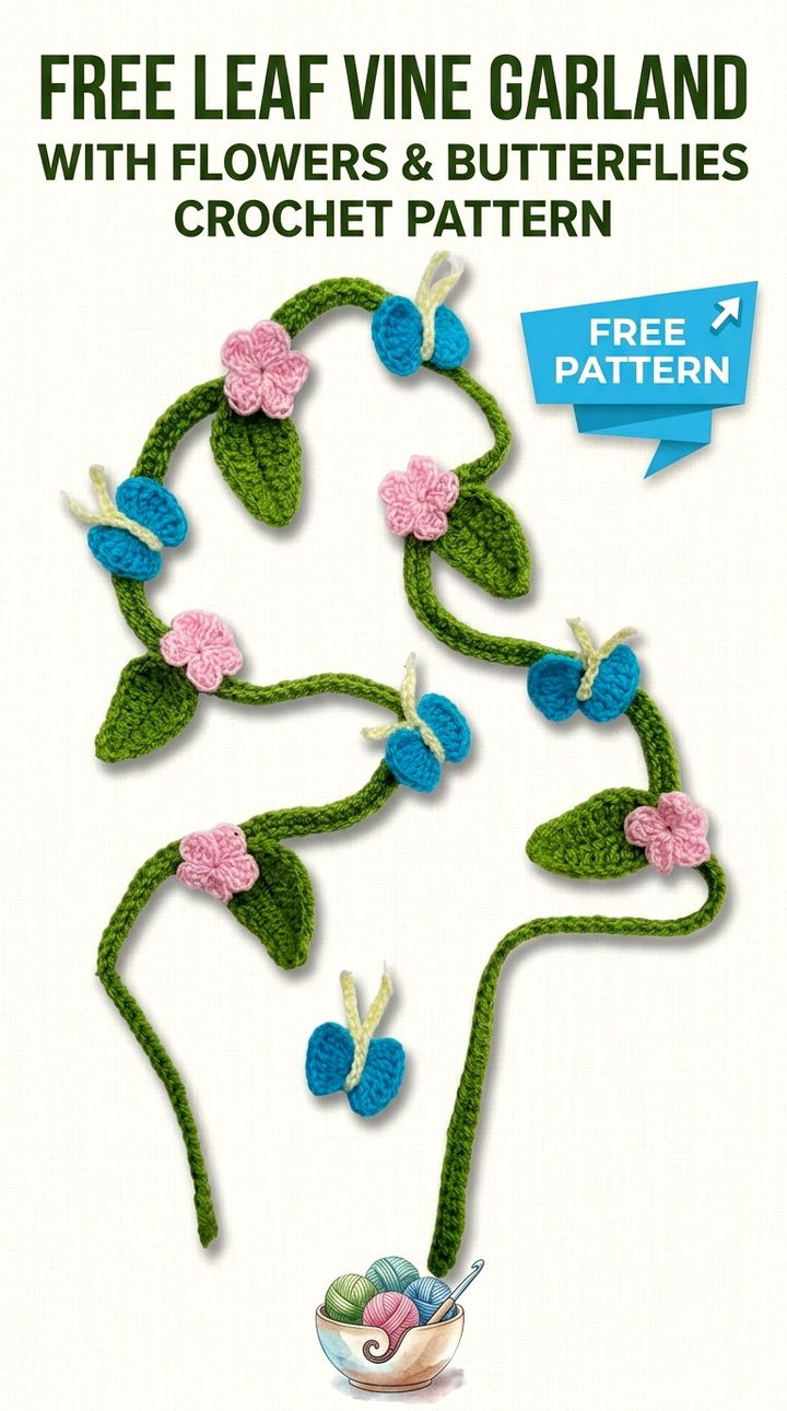 Free Leaf Vine Garland with Flowers & Butterflies Crochet Pattern Modern Retro Botanical Style