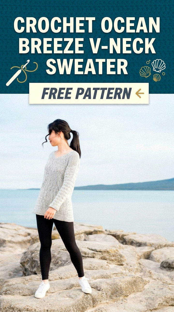 Coastal Chic The Crochet Ocean Breeze V neck Sweater