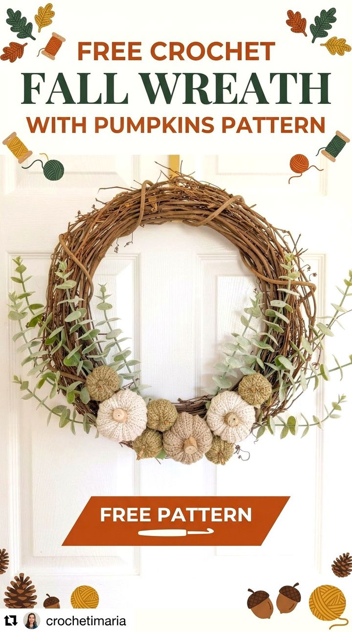 Free Crochet Fall Wreath With Pumpkins Pattern Autumn Boho Decor
