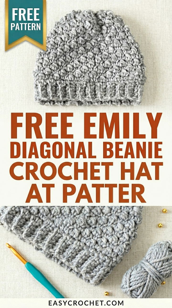 Free Emily Diagonal Beanie Crochet Hat Pattern Modern Groovy Winter Style