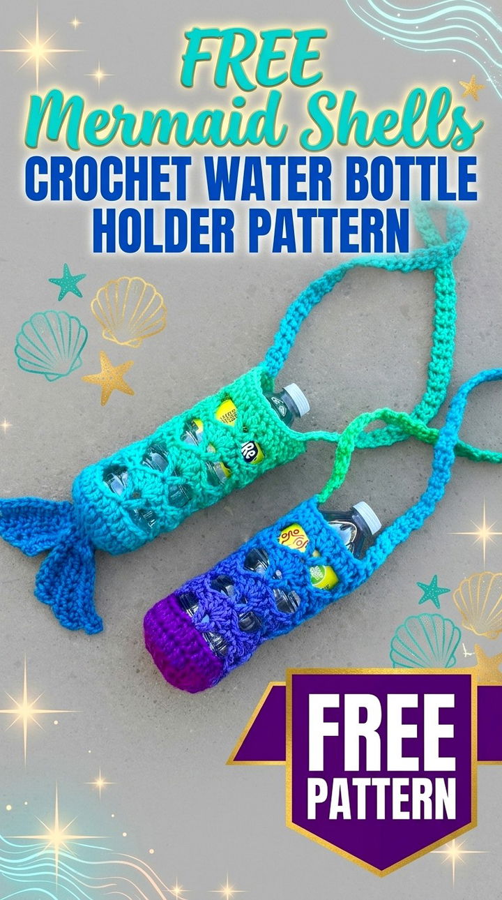 Free Mermaid Shells Crochet Water Bottle Holder Pattern Modern Retro Boho Style