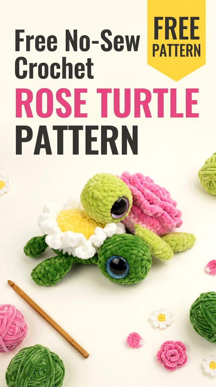 Free No Sew Crochet Rose Turtle Pattern Modern Retro Boho Style