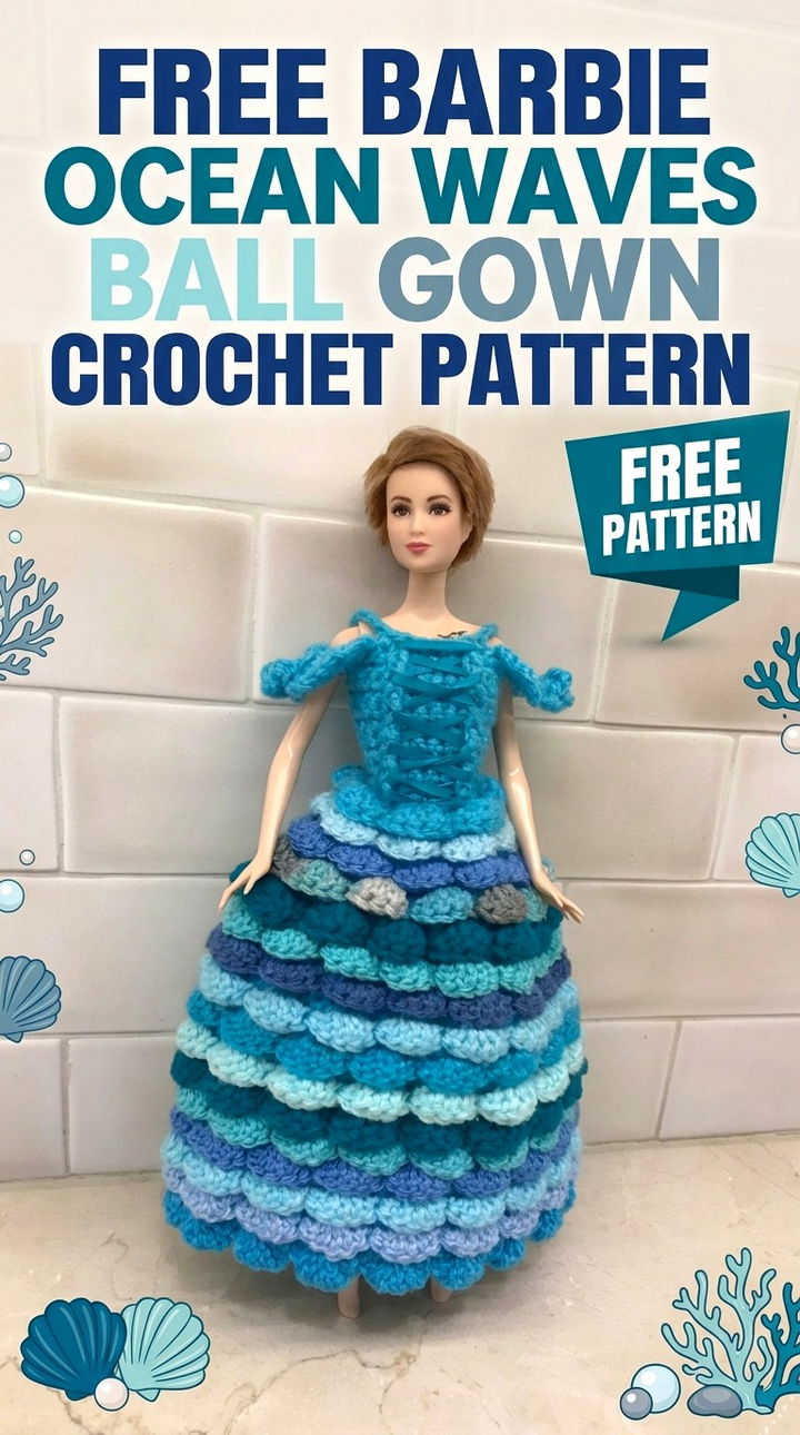 Free Barbie Ocean Waves Ball Gown Crochet Pattern Modern Retro Boho Style