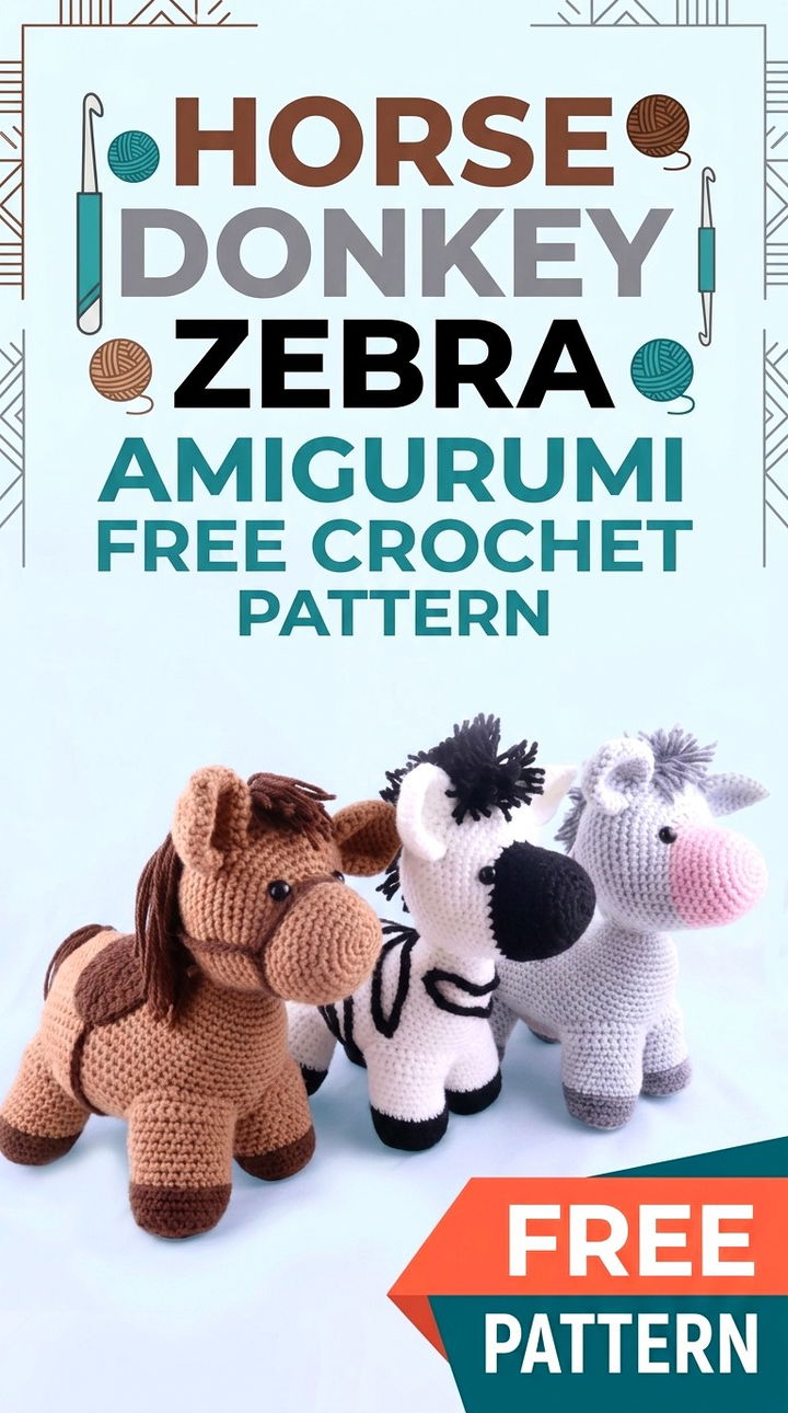 Horse Donkey Zebra Amigurumi Whimsical Retro Chic Trio Crochet Pattern