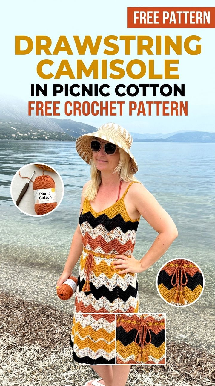 Drawstring Camisole in Picnic Cotton Vibrant Retro Chic Crochet Summer Top