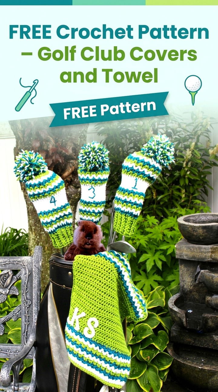 Free Crochet Pattern Golf Club Covers and Towel Modern Retro Boho Style
