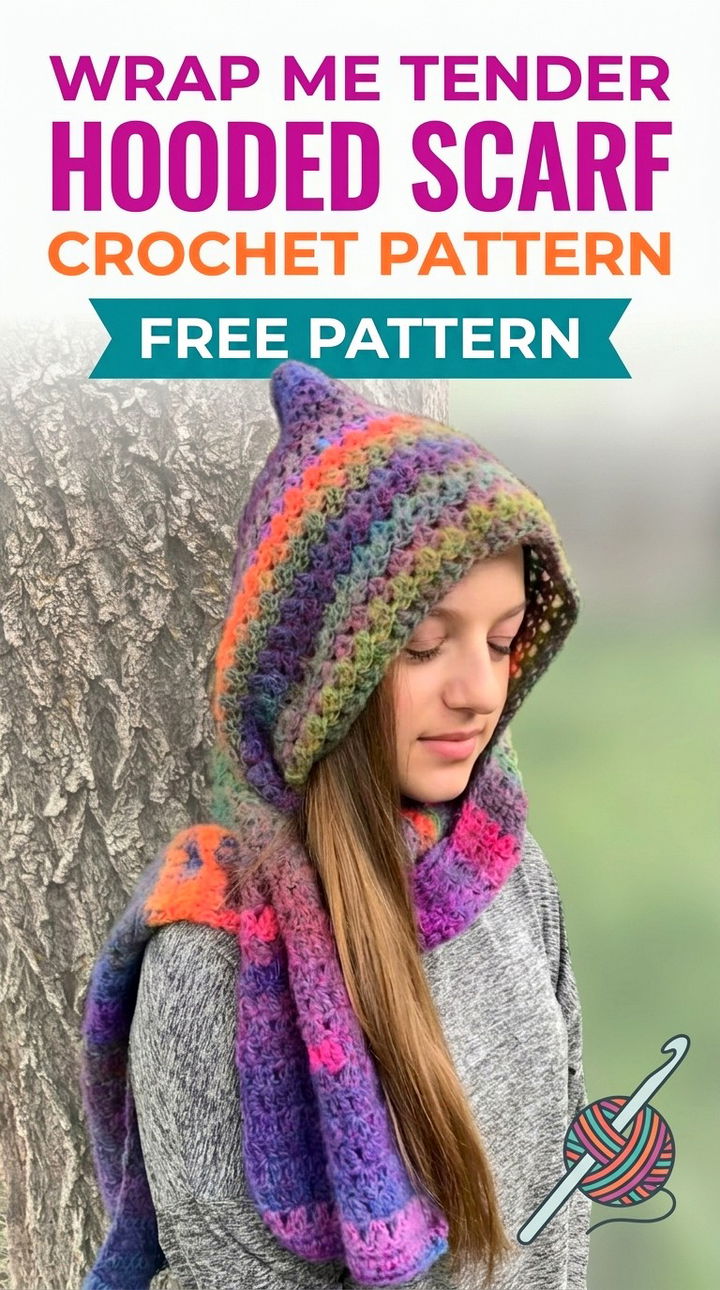 Wrap Me Tender Hooded Scarf Crochet Pattern Cozy Retro Chic Style