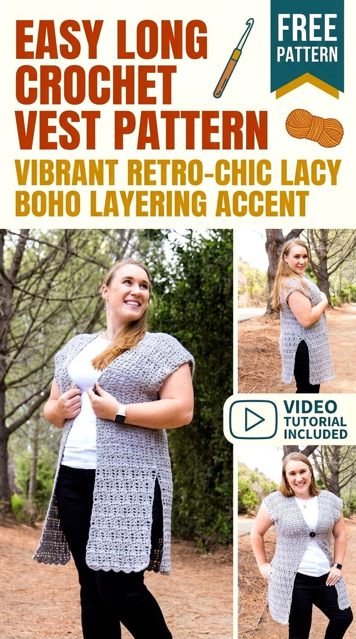 Easy Long Crochet Vest Pattern Vibrant Retro Chic Lacy Boho Layering Accent