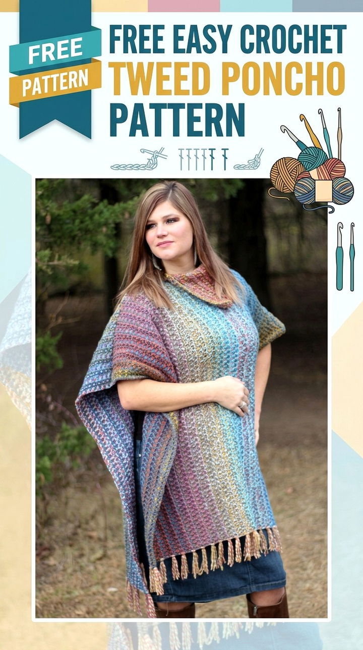 Free Easy Crochet Tweed Poncho Pattern Modern Retro Boho Style