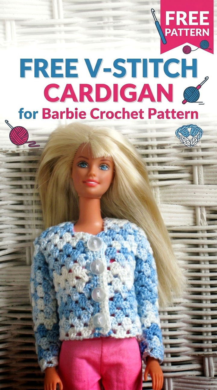 Free V Stitch Cardigan for Barbie Crochet Pattern Modern Retro Boho Style