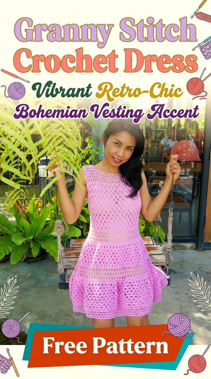 Granny Stitch Crochet Dress Vibrant Retro Chic Bohemian Vesting Accent