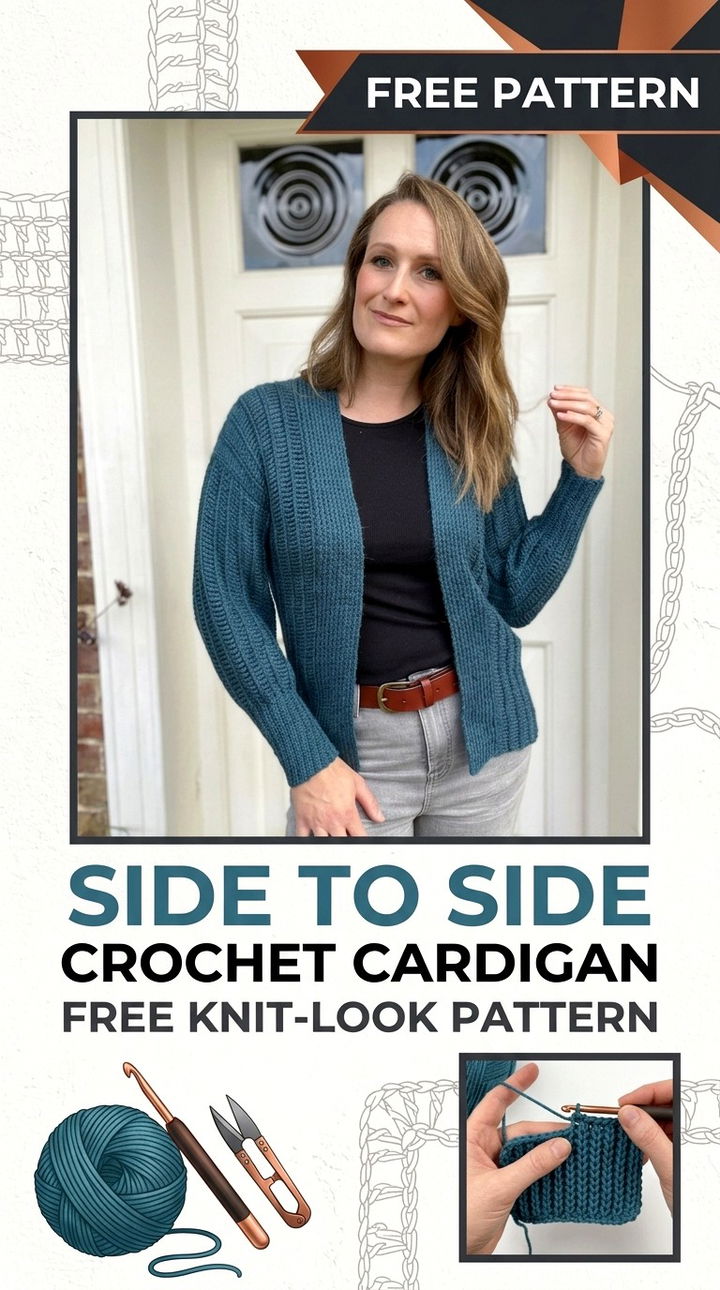 Side to Side Crochet Cardigan Vibrant Retro Chic Ribbed Knit Look Accent
