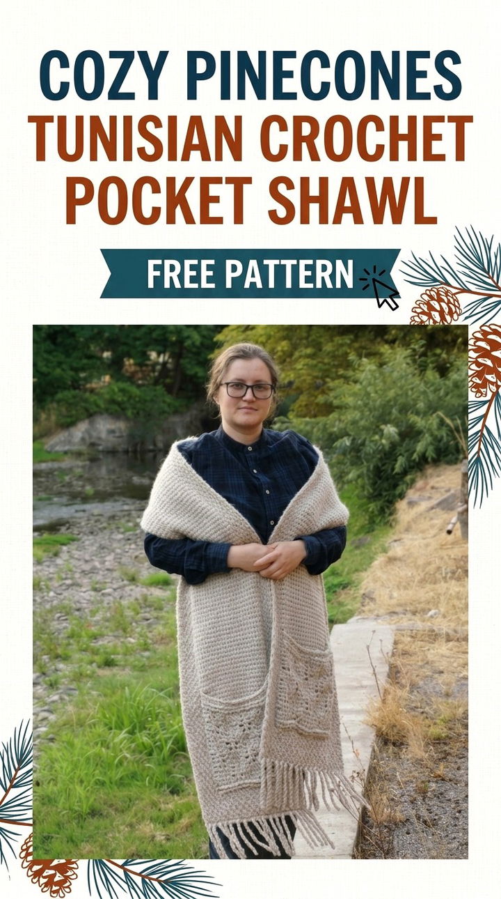 Cozy Pinecones Tunisian Crochet Pocket Shawl Free Pattern