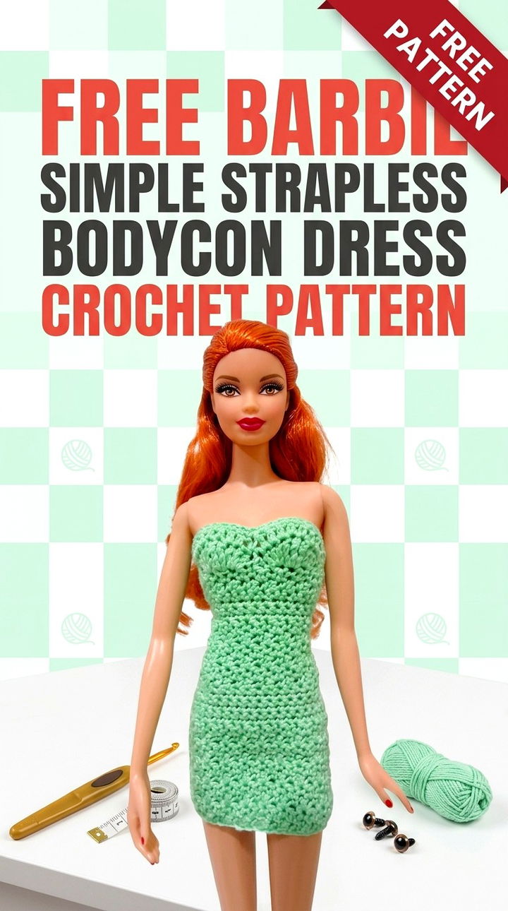 Free Barbie Simple Strapless Bodycon Dress Crochet Pattern Modern Retro Boho Style