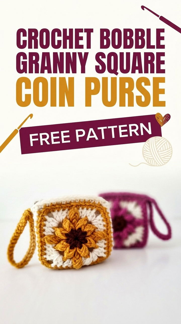 Crochet Bobble Granny Square Coin Purse Free Pattern Vibrant Retro Chic Bohemian Accessory Accent