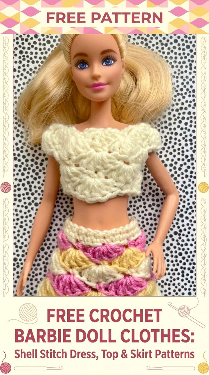 Free Crochet Barbie Doll Clothes Shell Stitch Dress, Top & Skirt Patterns