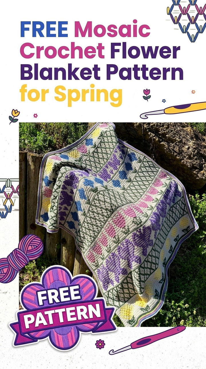 Free Mosaic Crochet Flower Blanket for Spring