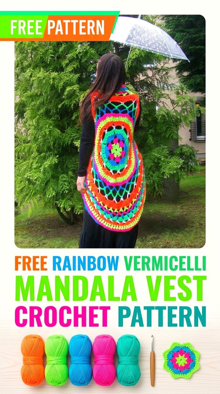 Free Rainbow Vermicelli Mandala Vest Crochet Pattern Modern Retro Boho Style