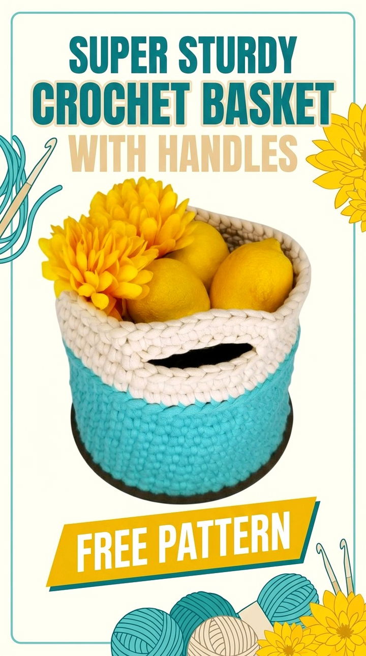 Super Sturdy Crochet Basket with Handles Vibrant Retro Chic Home Organizer