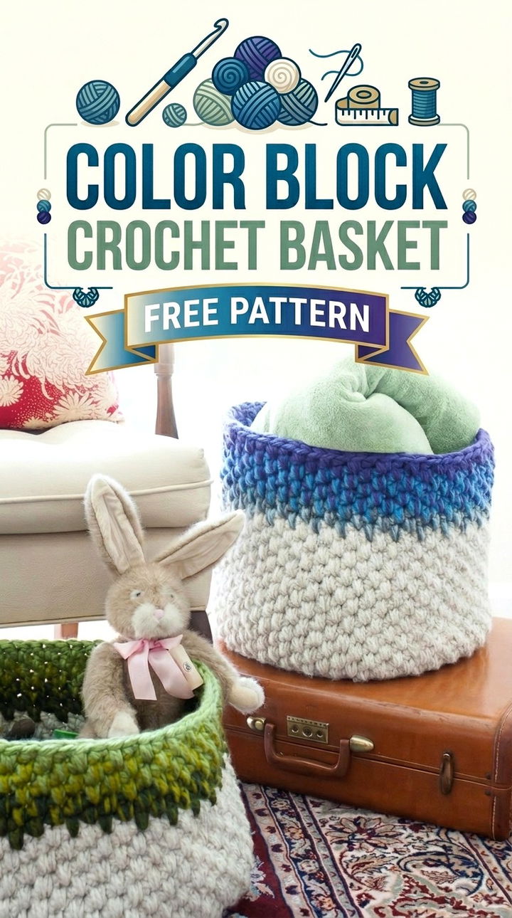Color Block Crochet Basket Vibrant Retro Chic Home Organizer